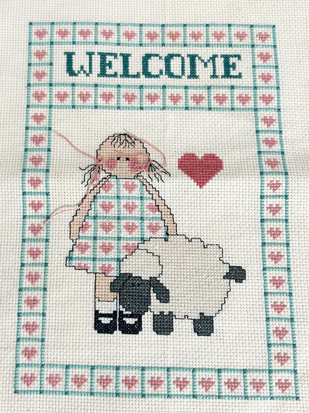 Vintage Finished Completed Cross Stitch “WELCOME” Country Girl Sheep Aida Cloth
